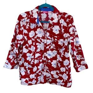Cappagallo Red Floral Button Front Blouse Large White Flower Print Lightweight